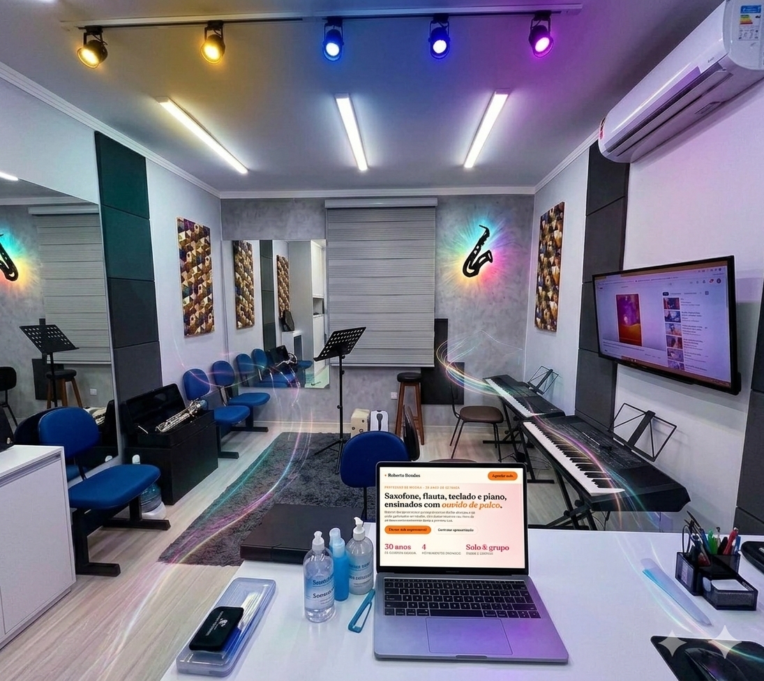 Estúdio moderno e climatizado de Roberto Bendas, com tratamento acústico, piano digital e teclado